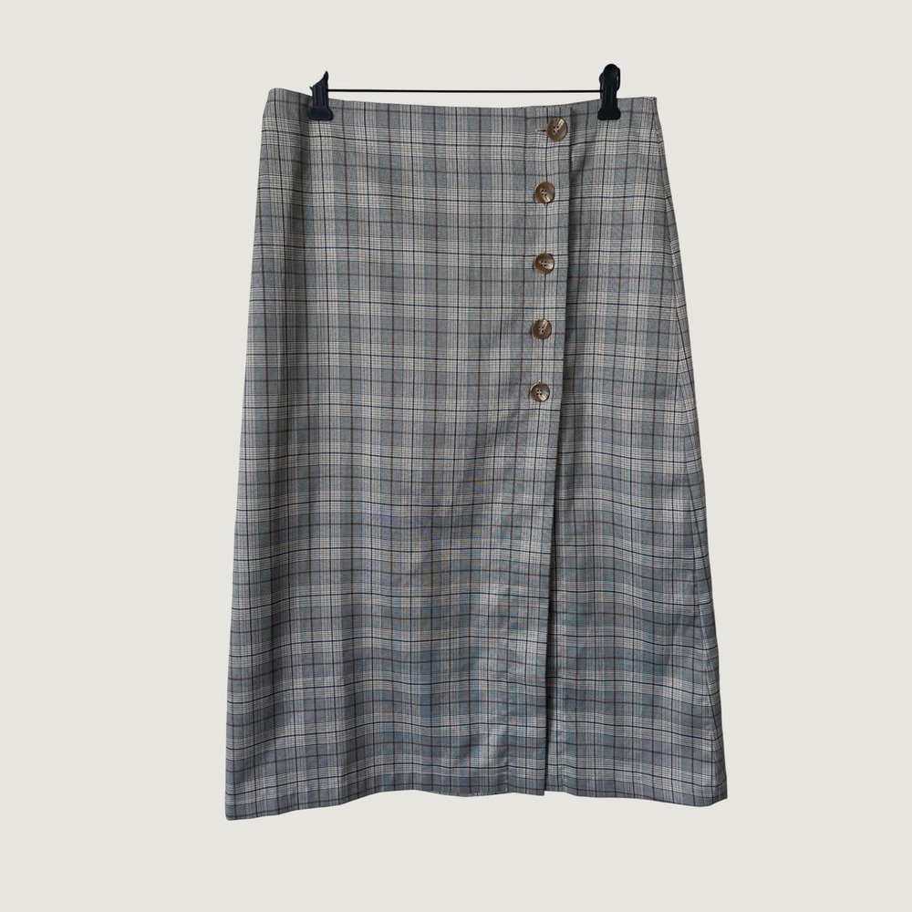 Porridge x Anthropology Plaid Button Front Midi Skirt Gray Academic Office L